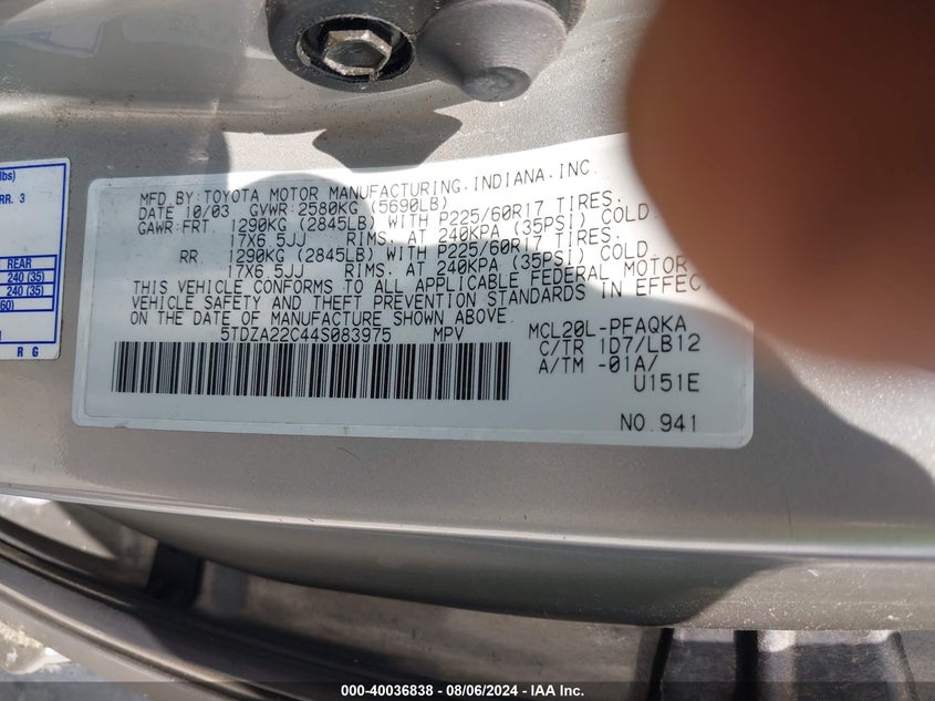 2004 Toyota Sienna Xle Limited VIN: 5TDZA22C44S083975 Lot: 40036838