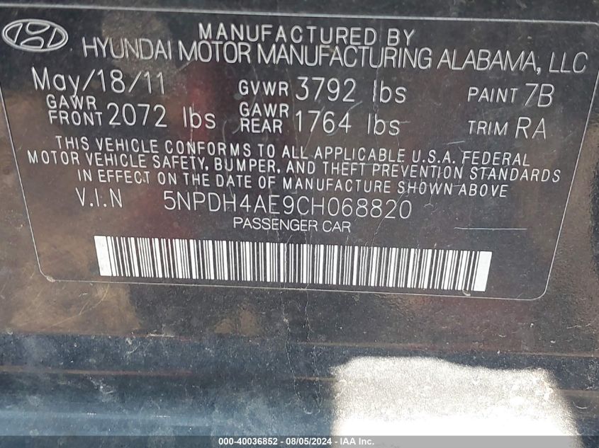 2012 Hyundai Elantra Gls VIN: 5NPDH4AE9CH068820 Lot: 40036852