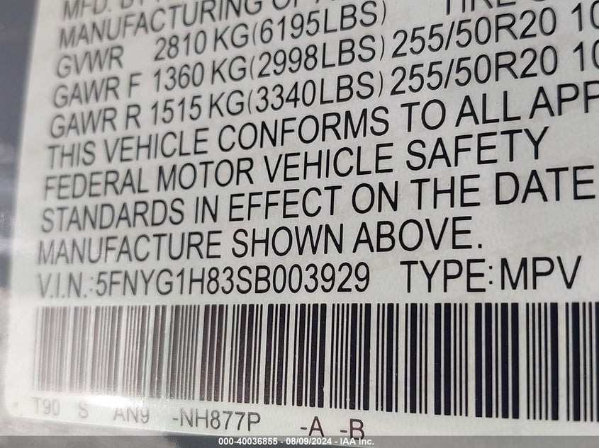 2025 HONDA PILOT(VIN: 5FNYG1H83SB003929