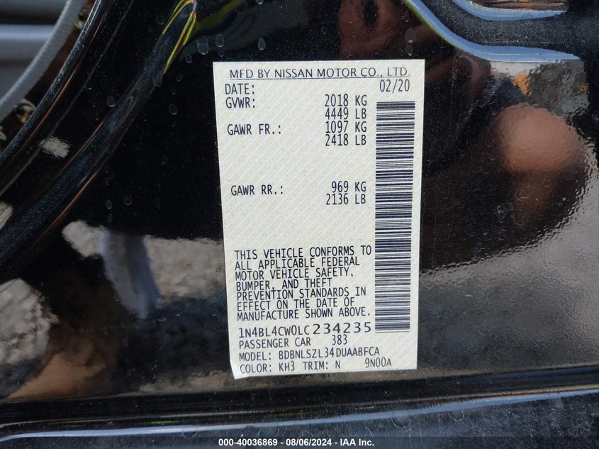 2020 Nissan Altima Sr Intelligent Awd VIN: 1N4BL4CW0LC234235 Lot: 40036869