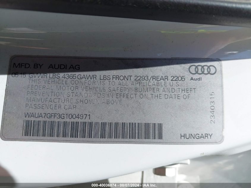 WAUA7GFF3G1004971 2016 Audi A3 1.8T Premium