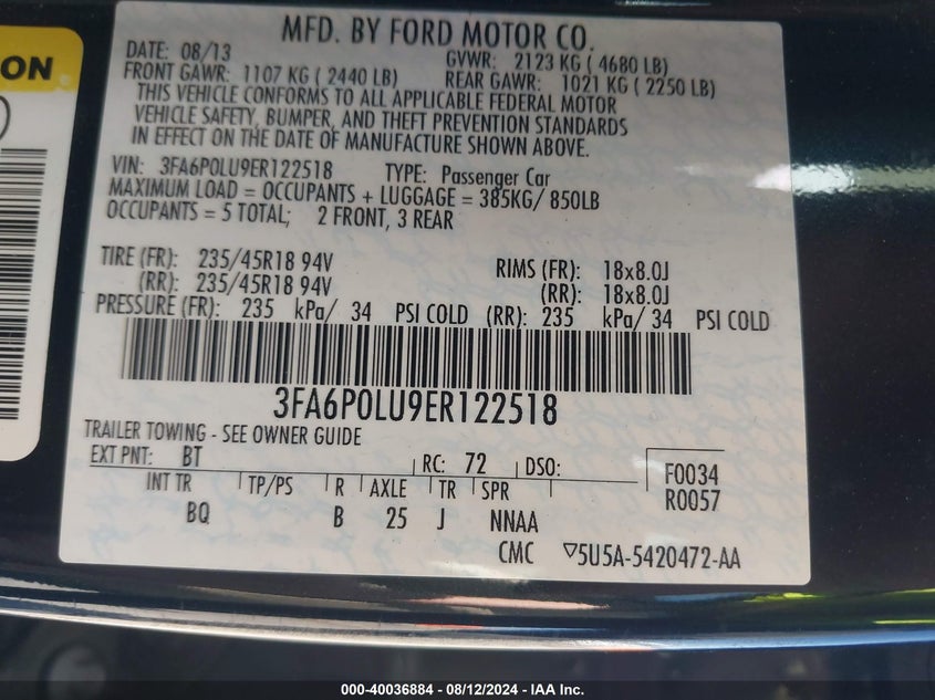 2014 Ford Fusion Hybrid Se VIN: 3FA6P0LU9ER122518 Lot: 40036884