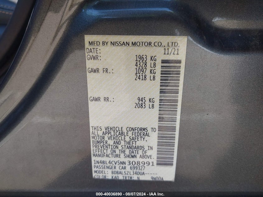 2022 Nissan Altima Sr Fwd VIN: 1N4BL4CV5NN308991 Lot: 40036890