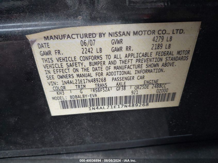 1N4AL21E17N489268 | 2007 NISSAN ALTIMA