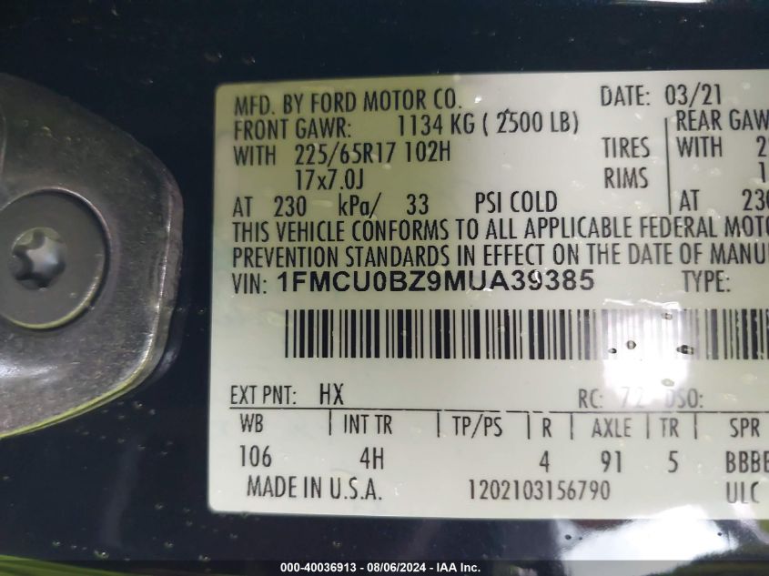 1FMCU0BZ9MUA39385 2021 Ford Escape Se Hybrid