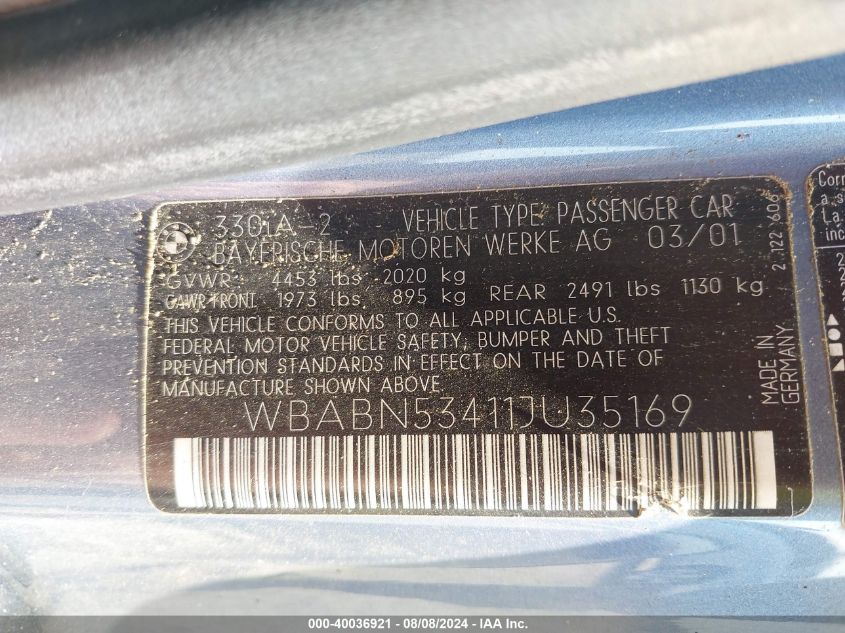 2001 BMW 330Ci VIN: WBABN53411JU35169 Lot: 40036921