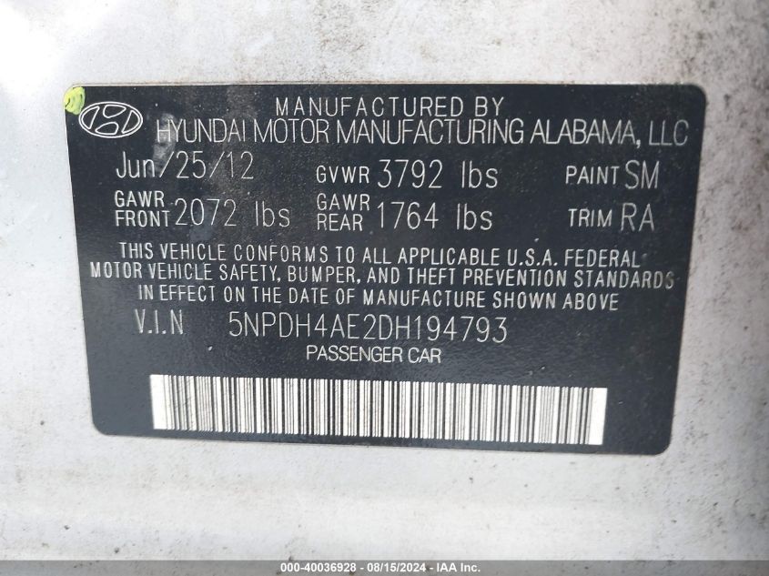 2013 HYUNDAI ELANTRA LIMITED - 5NPDH4AE2DH194793