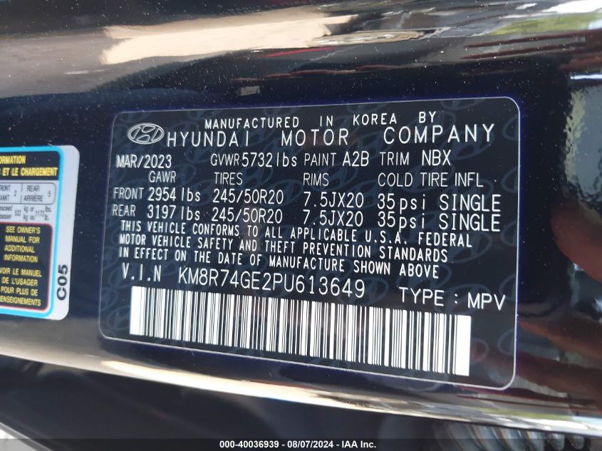 2023 Hyundai Palisade Calligraphy VIN: KM8R74GE2PU613649 Lot: 40036939