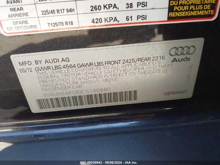 2012 Audi A3 2.0T Premium VIN: WAUKEAFM0CA140880 Lot: 40036943