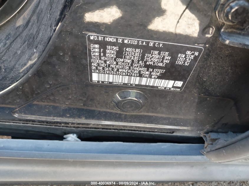 2016 Honda Hr-V Lx VIN: 3CZRU5G35GM747894 Lot: 40036974