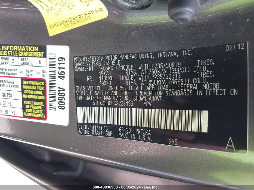 2012 Toyota Sienna Se 8 Passenger VIN: 5TDXK3DC6CS228195 Lot: 40036980