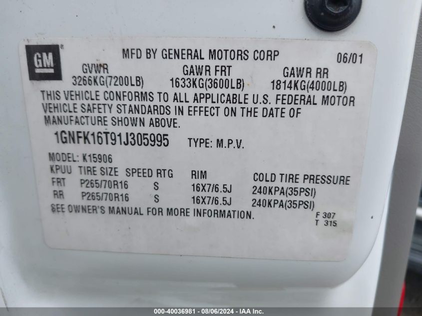 2001 Chevrolet Suburban 1500 Ls VIN: 1GNFK16T91J305995 Lot: 40036981