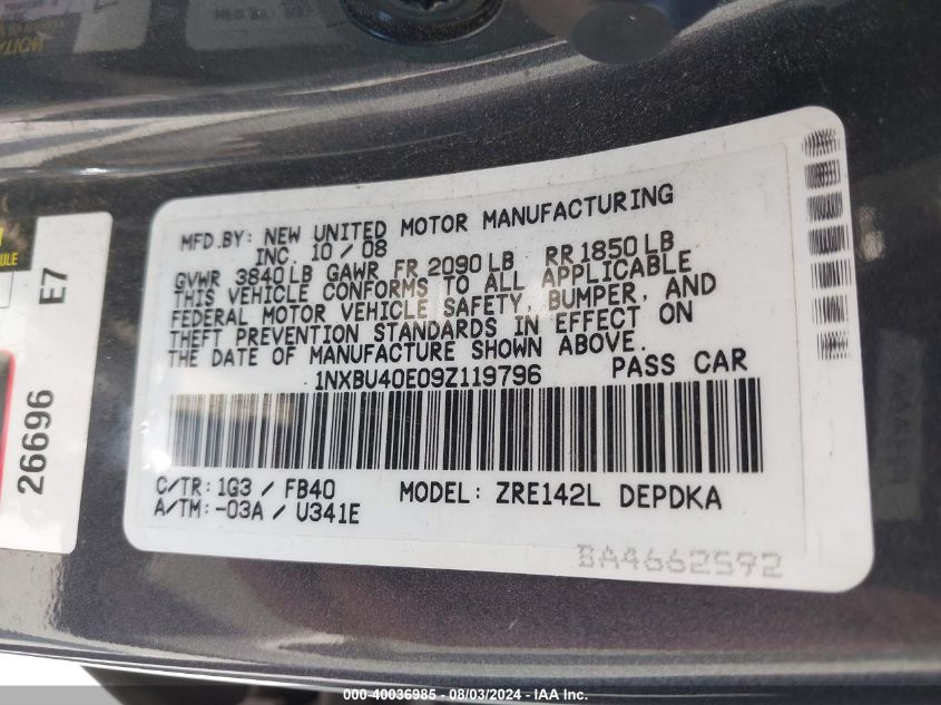 2009 Toyota Corolla Le VIN: 1NXBU40E09Z119796 Lot: 40036985