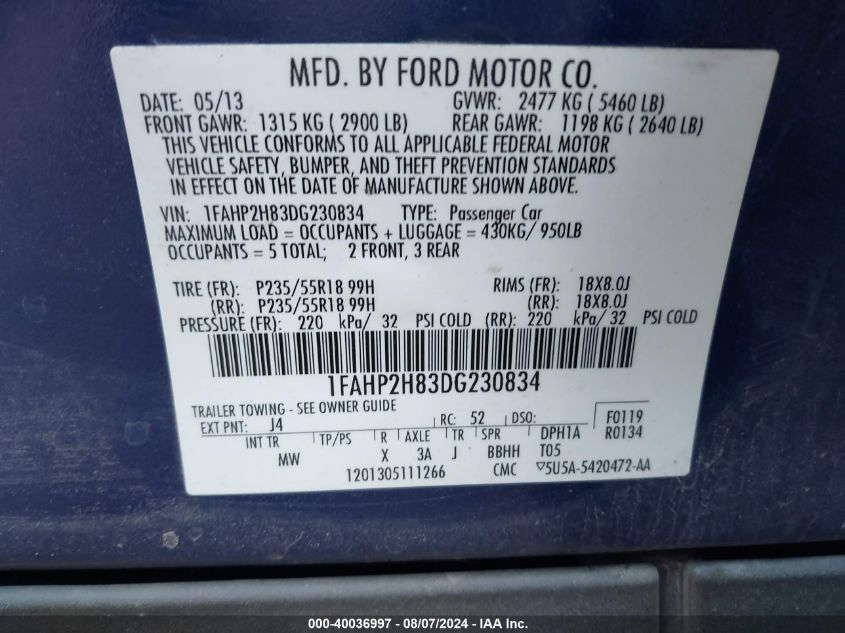 2013 Ford Taurus Sel VIN: 1FAHP2H83DG230834 Lot: 40036997