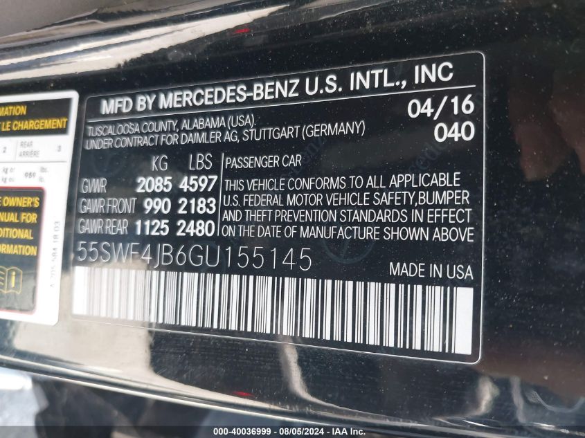 2016 Mercedes-Benz C 300 Luxury/Sport VIN: 55SWF4JB6GU155145 Lot: 40036999