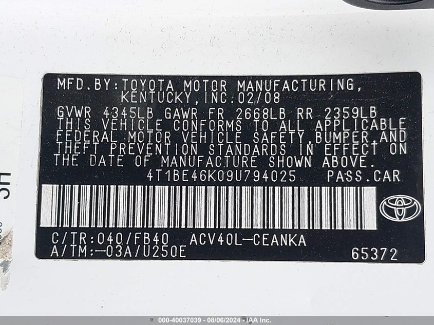 2009 Toyota Camry Se/Le/Xle VIN: 4T1BE46K09U794025 Lot: 40037039
