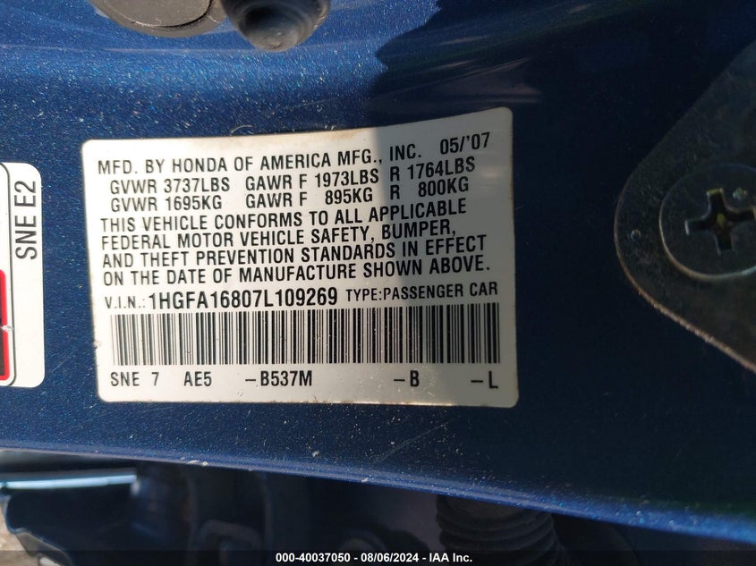 2007 Honda Civic Ex VIN: 1HGFA16807L109269 Lot: 40037050