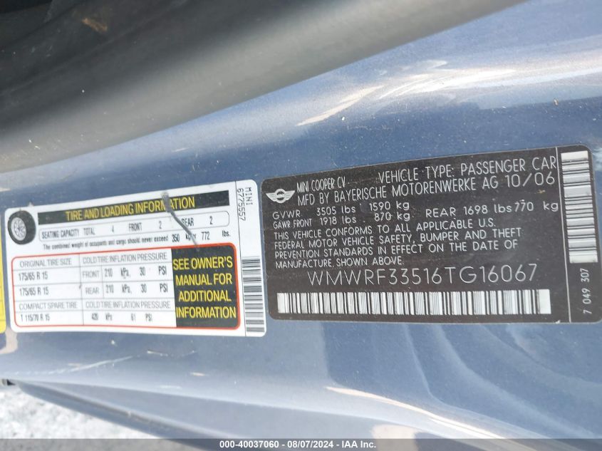 2006 Mini Cooper VIN: WMWRF33516TG16067 Lot: 40037060