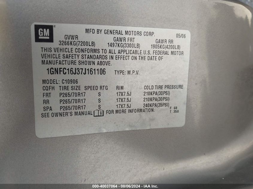 2007 Chevrolet Suburban 1500 Ls VIN: 1GNFC16J37J161106 Lot: 40037064