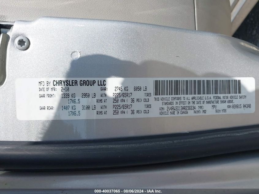 2010 Volkswagen Routan Se VIN: 2V4RW3D13AR236634 Lot: 40037065