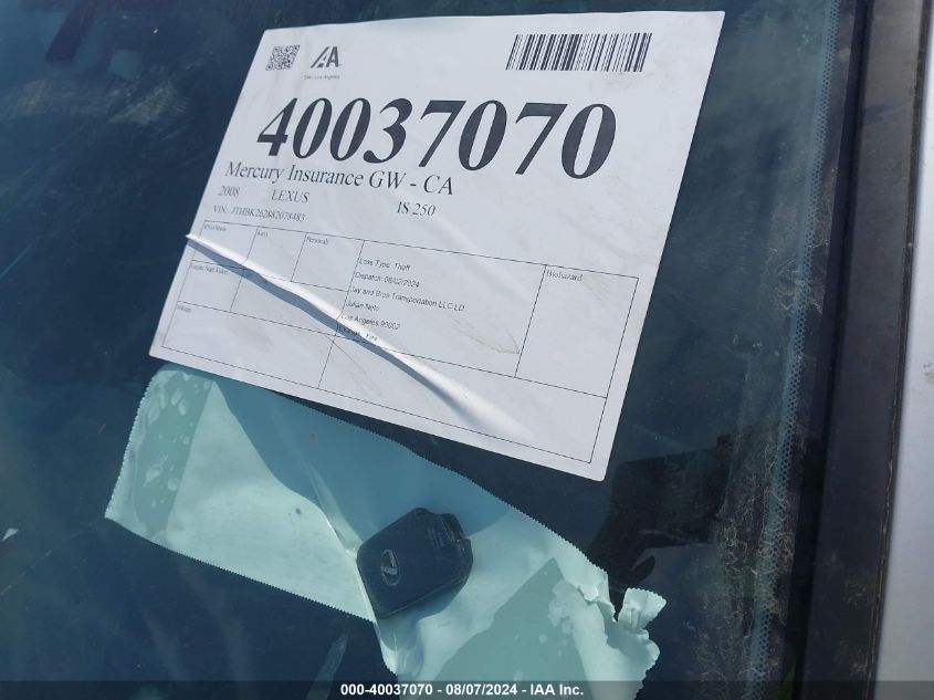 2008 Lexus Is 250 VIN: JTHBK262882078483 Lot: 40037070