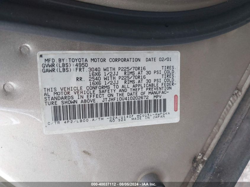 2001 Lexus Rx 300 300 VIN: JTJHF10U410202672 Lot: 40037112