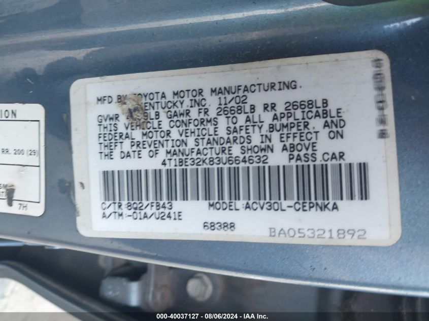 2003 Toyota Camry Le VIN: 4T1BE32K83U664632 Lot: 40037127