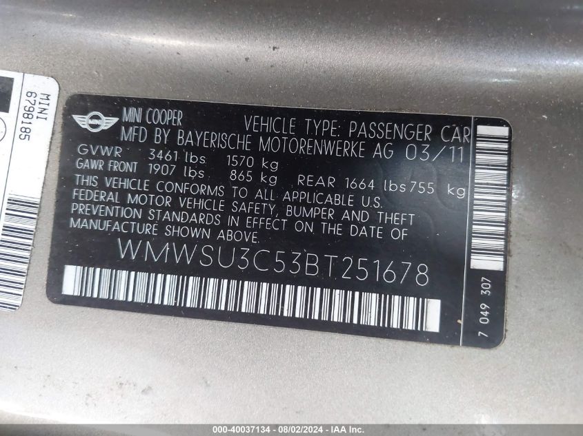 2011 Mini Cooper VIN: WMWSU3C53BT251678 Lot: 40037134