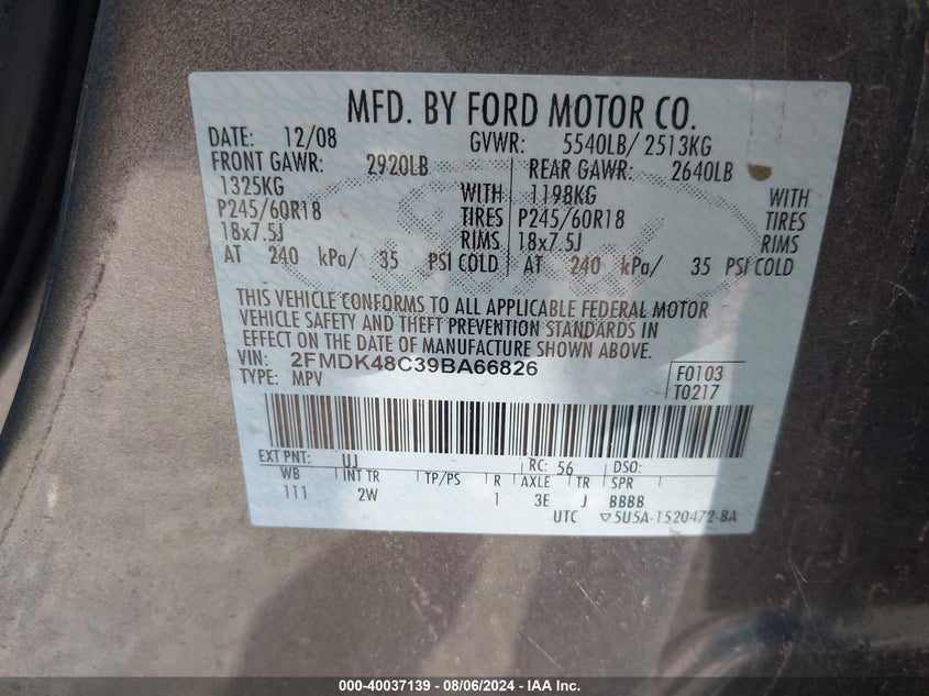 2009 Ford Edge Sel VIN: 2FMDK48C39BA66826 Lot: 40037139