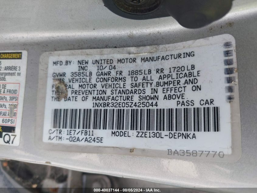 2005 Toyota Corolla Le VIN: 1NXBR32E05Z425044 Lot: 40037144