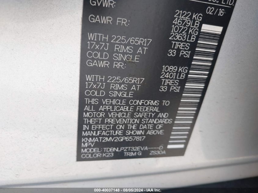 2016 Nissan Rogue S VIN: KNMAT2MV2GP657817 Lot: 40037148