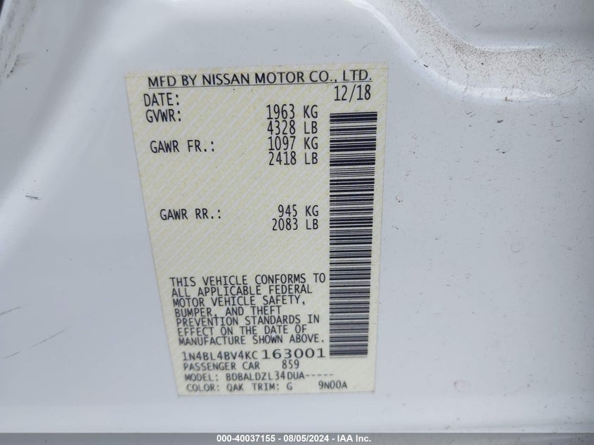 1N4BL4BV4KC163001 2019 Nissan Altima 2.5 S