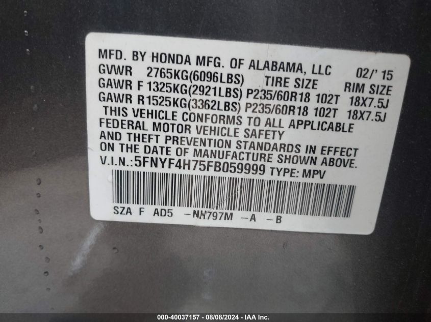 2015 Honda Pilot Ex-L VIN: 5FNYF4H75FB059999 Lot: 40037157