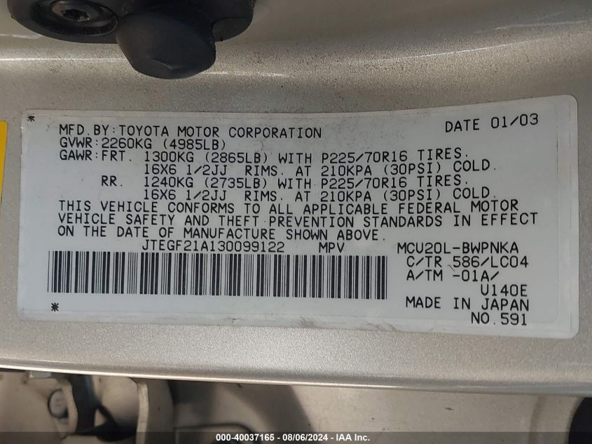 2003 Toyota Highlander Limited V6 VIN: JTEGF21A130099122 Lot: 40037165