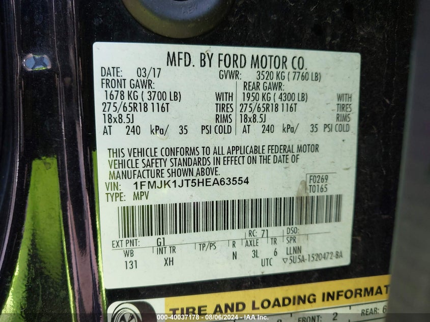 2017 Ford Expedition El Xlt VIN: 1FMJK1JT5HEA63554 Lot: 40037178