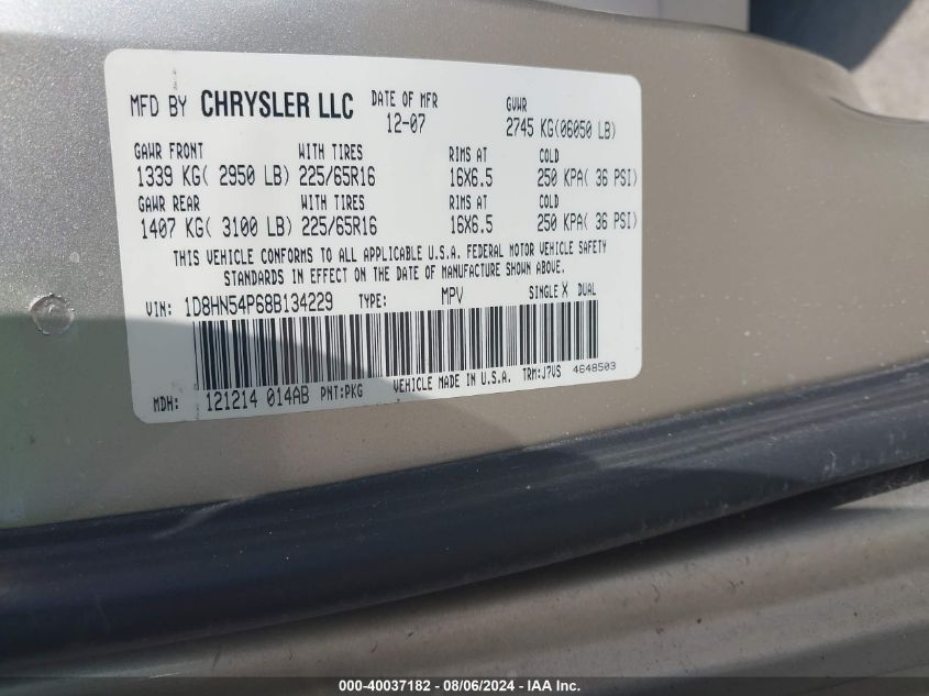 2008 Dodge Grand Caravan Sxt VIN: 1D8HN54P68B134229 Lot: 40037182