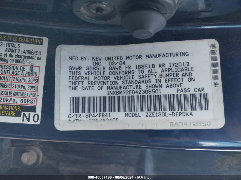 2004 Toyota Corolla Ce VIN: 1NXBR32E04Z308501 Lot: 40037196