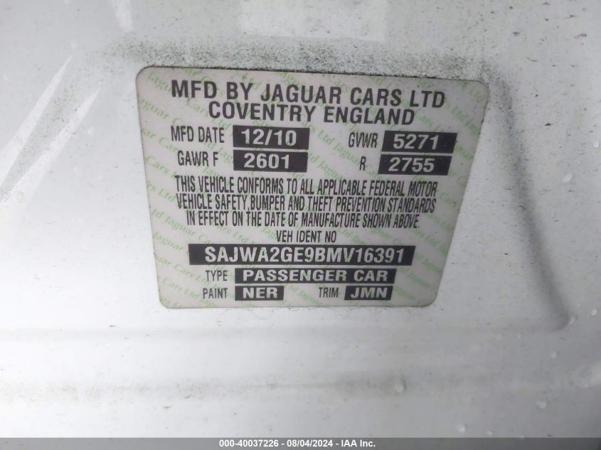 2011 Jaguar Xj Xjl Supercharged VIN: SAJWA2GE9BMV16391 Lot: 40037226