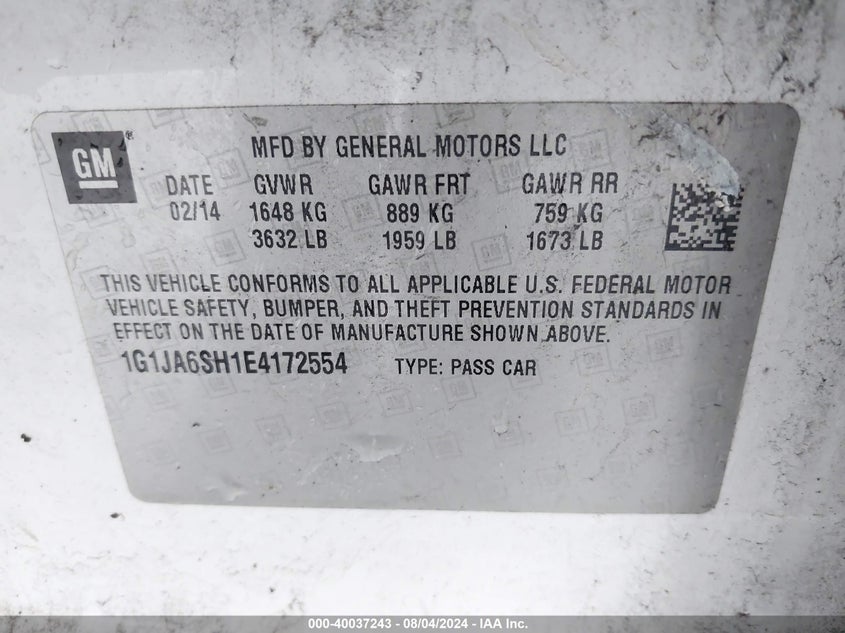 2014 Chevrolet Sonic Ls Auto VIN: 1G1JA6SH1E4172554 Lot: 40037243