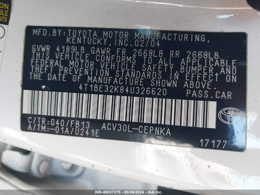2004 Toyota Camry Le VIN: 4T1BE32K84U326620 Lot: 40037278