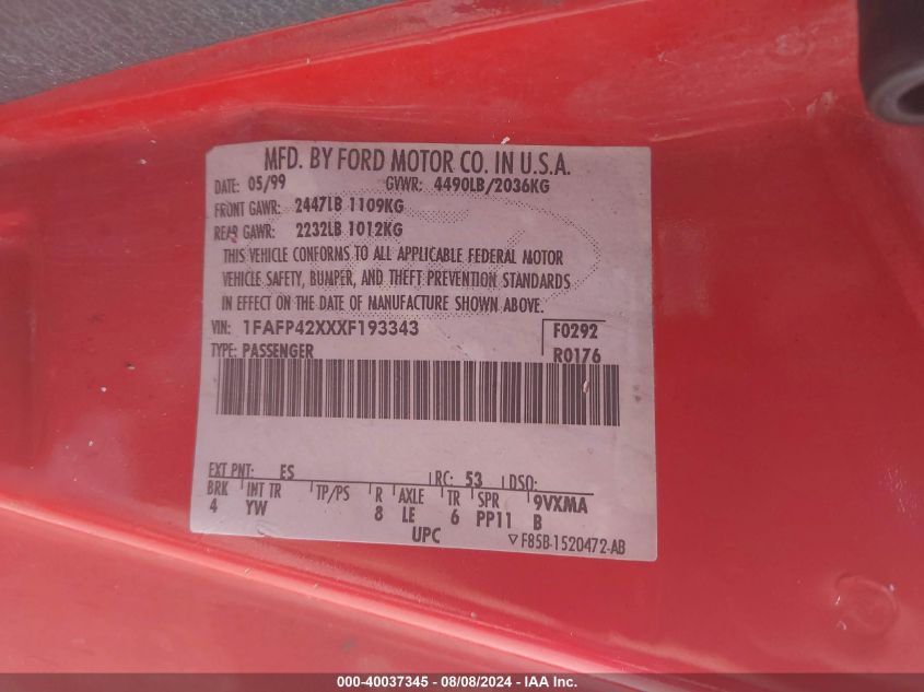 1999 Ford Mustang Gt VIN: 1FAFP42XXXF193343 Lot: 40037345