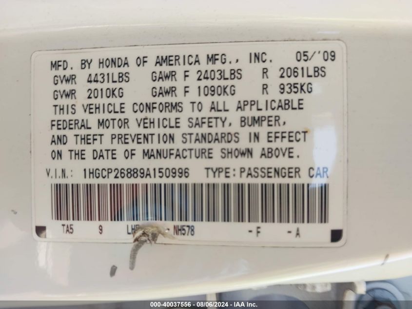 2009 Honda Accord 2.4 Ex-L VIN: 1HGCP26889A150996 Lot: 40037556