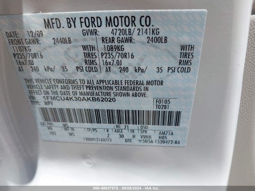 2010 Ford Escape Hybrid VIN: 1FMCU4K30AKB62020 Lot: 40037575