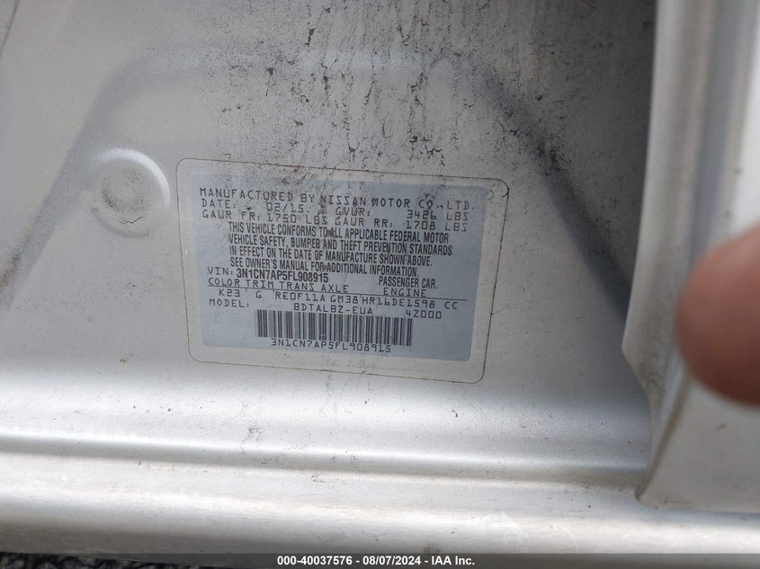 2015 Nissan Versa 1.6 Sv VIN: 3N1CN7AP5FL908915 Lot: 40037576