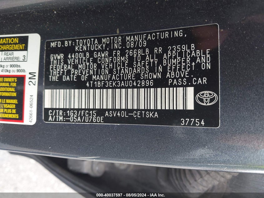 2010 Toyota Camry Se VIN: 4T1BF3EK3AU042896 Lot: 40037597