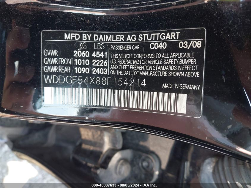 2008 Mercedes-Benz C 300 Luxury/Sport VIN: WDDGF54X88F154214 Lot: 40037633