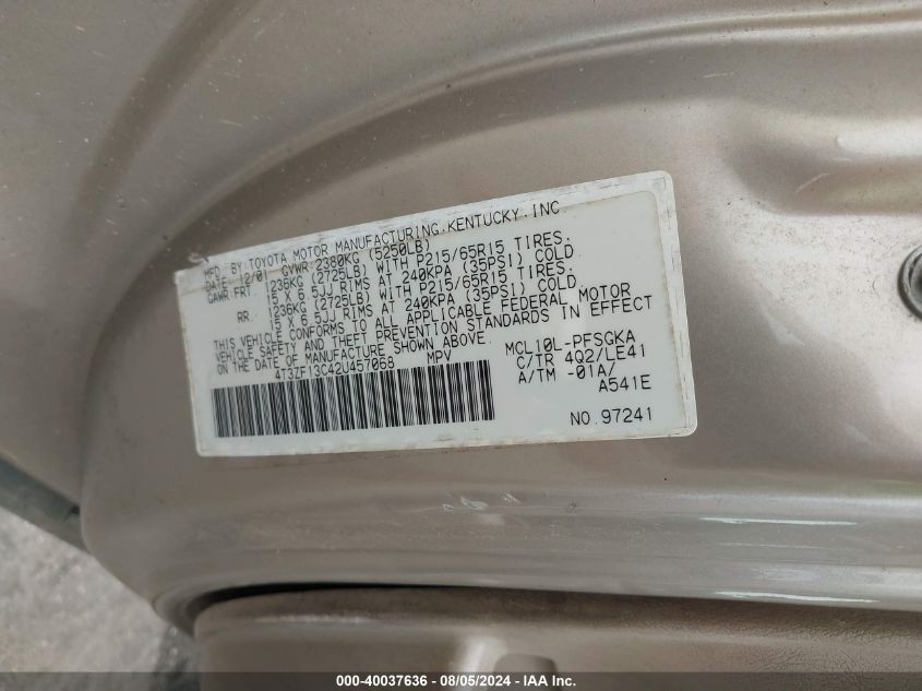 2002 Toyota Sienna Xle VIN: 4T3ZF13C42U457068 Lot: 40037636