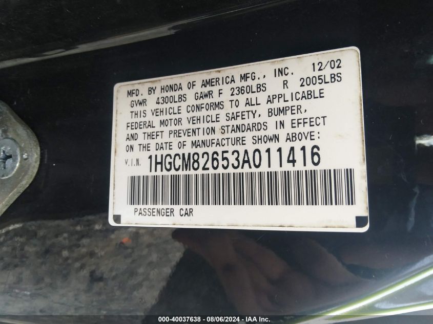 1HGCM82653A011416 | 2003 HONDA ACCORD