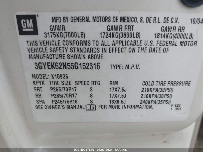 2005 Cadillac Escalade Ext Standard VIN: 3GYEK62N55G152316 Lot: 40037640