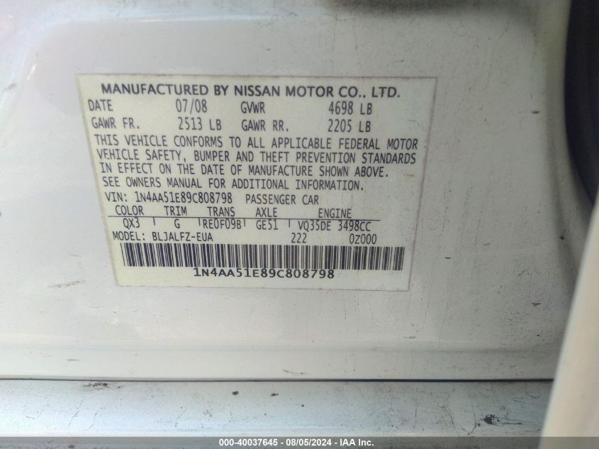 1N4AA51E89C808798 2009 Nissan Maxima 3.5 Sv